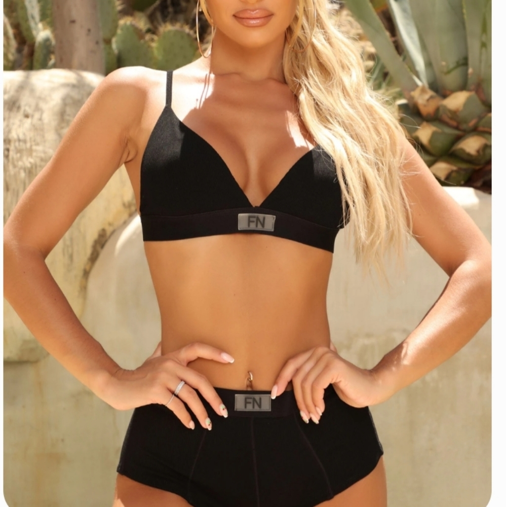 FN Brand Black Ribbed Boyfriend Shorts & Bra Set